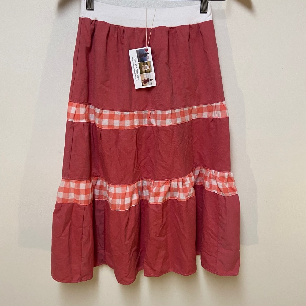 Mom and Pop's Kids Maxi Skirt Girls 10/12 Pink Patchwork Gingham Tiered Cotton